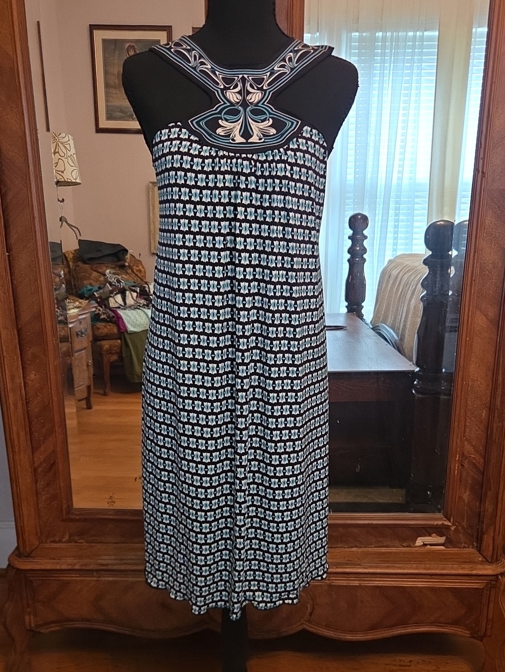 Max Studio Black, White & Teal Patterned Midi Dress with Decorative Yoke
